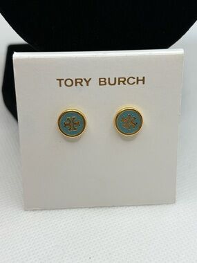 Tory Burch Gold-Tone Earrings with Turquoise Enamel Logo